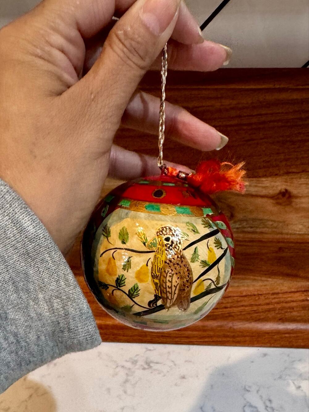 hand-painted paper mache lacquer Christmas ornament partridge bird on branch 90s